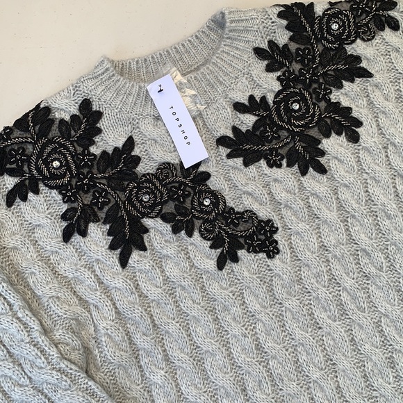 Topshop Chunky Cable Knit Lace Appliqué Sweater - Picture 3 of 7